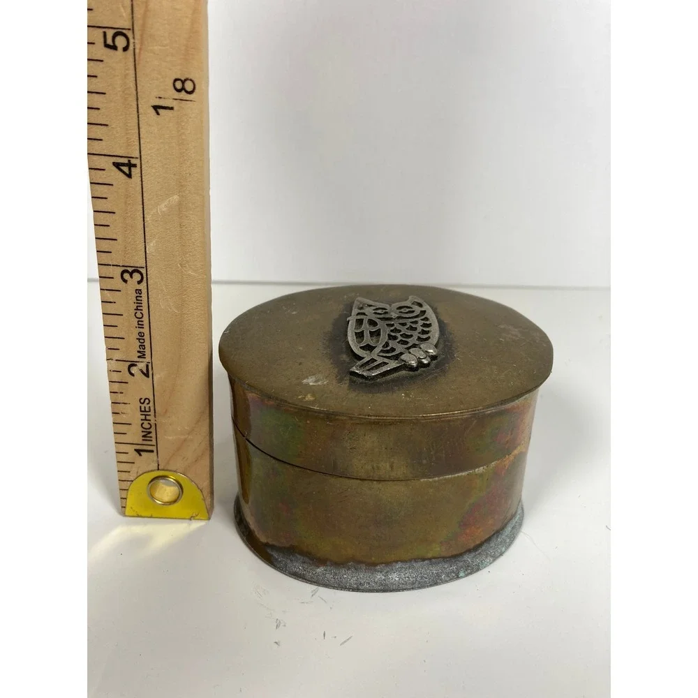 Vintage Brass Oval Trinket Box Filigree Owl Hinged Lid Patinated Rustic Decor
